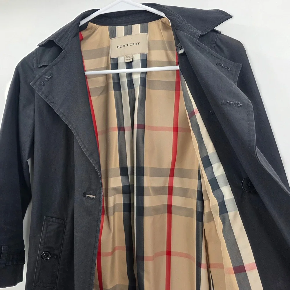 BURBERRY TRENCH COAT KIDS SIZE 8 YOUTH BLACK DOUBLE BREASTED NOVA CHECK LINING